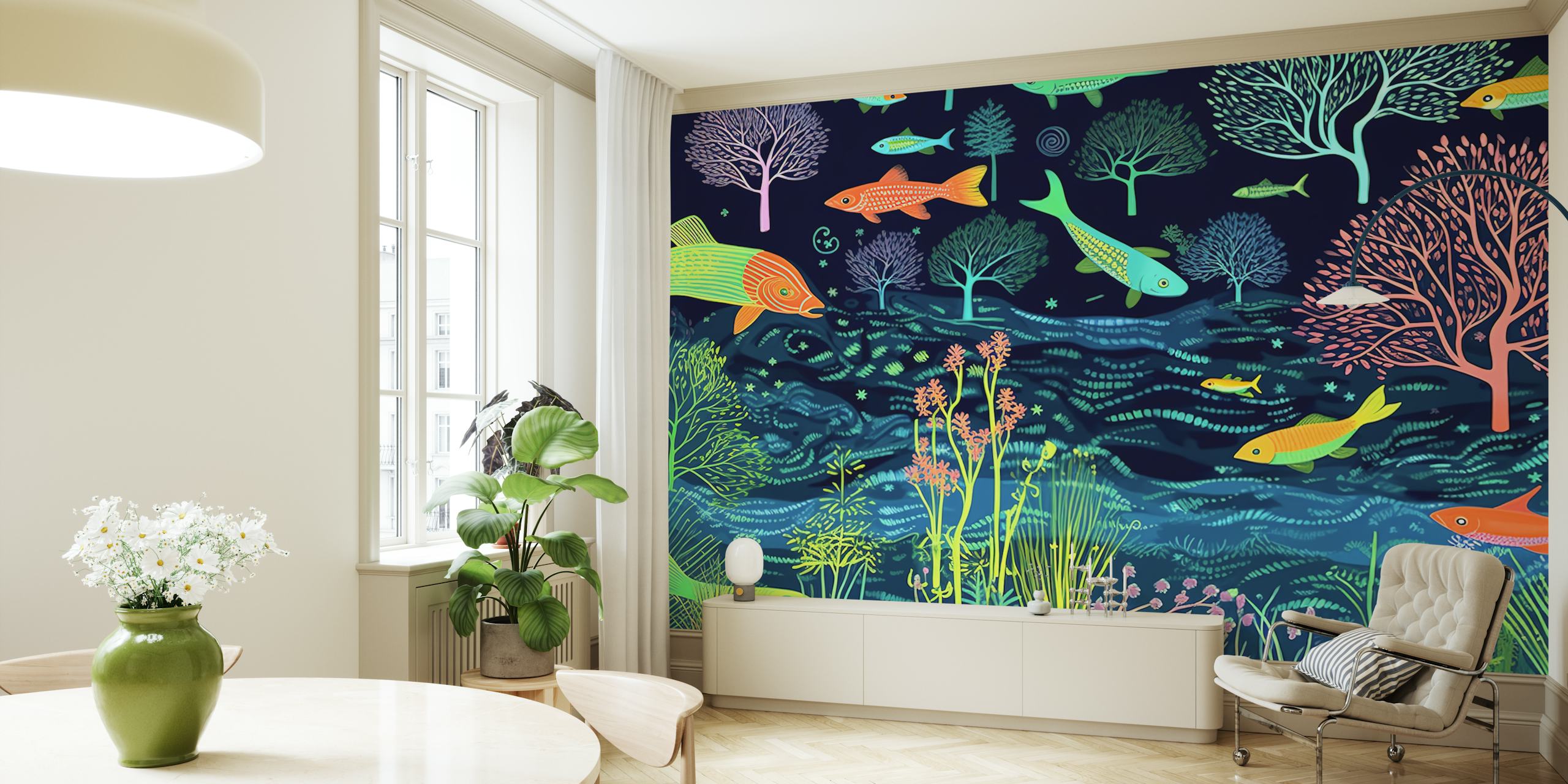 Colorful tropical fish and trees design wallpaper